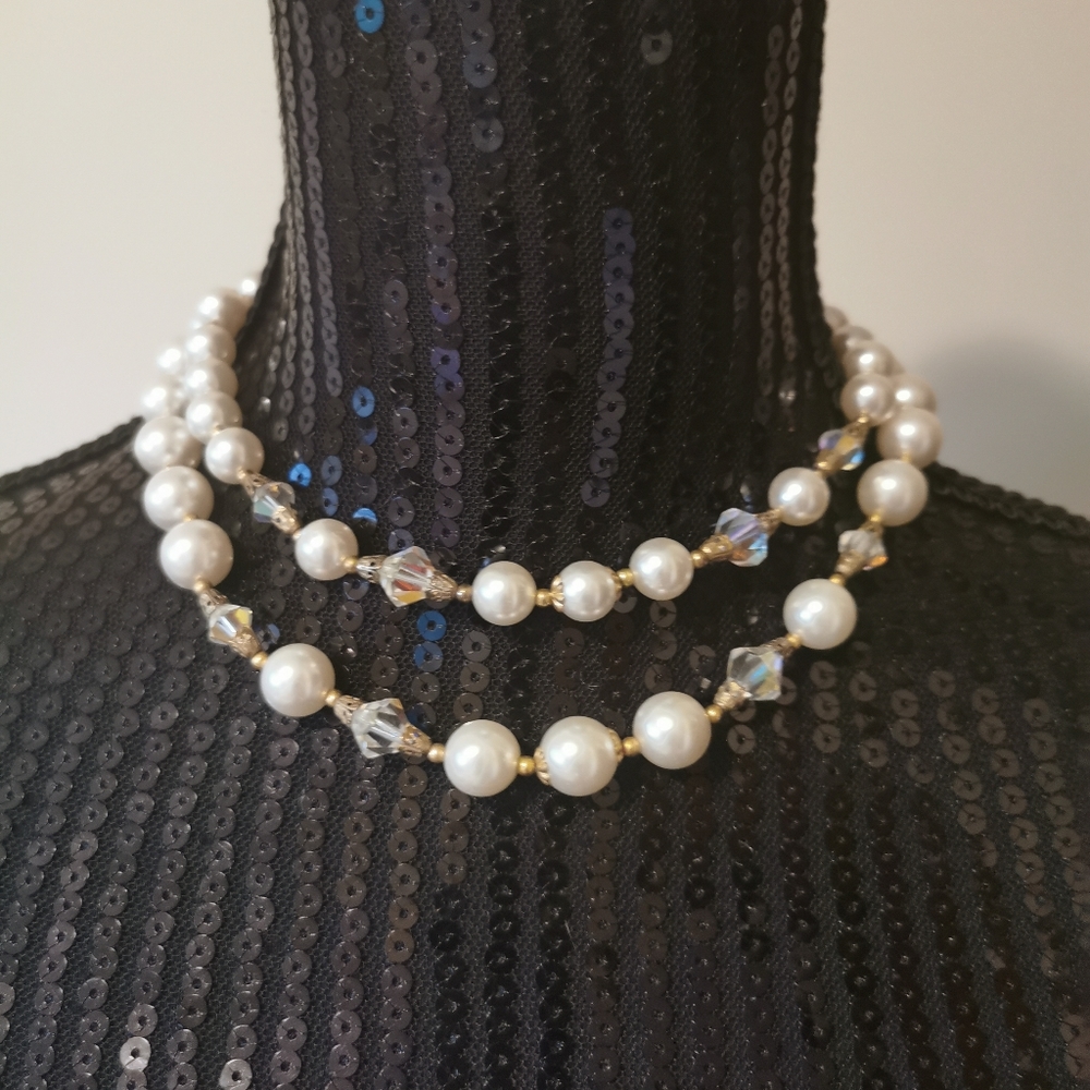 Vintage 50s Double Strand Faux Pearls With Crystal Beads Necklace